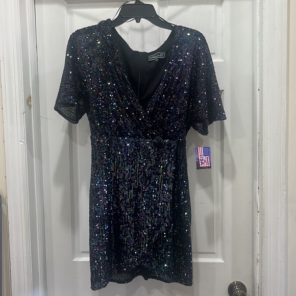 MORGAN & CO Juniors Black Sequined Elbow Sleeve Surplice Neckline Mini Dress - Picture 3 of 15